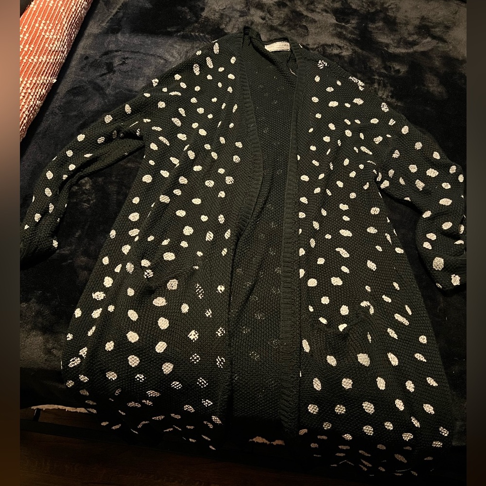 BOUTIQUE | Plus size Long knitted black + white polka dot sweater duster- xl/2xl
